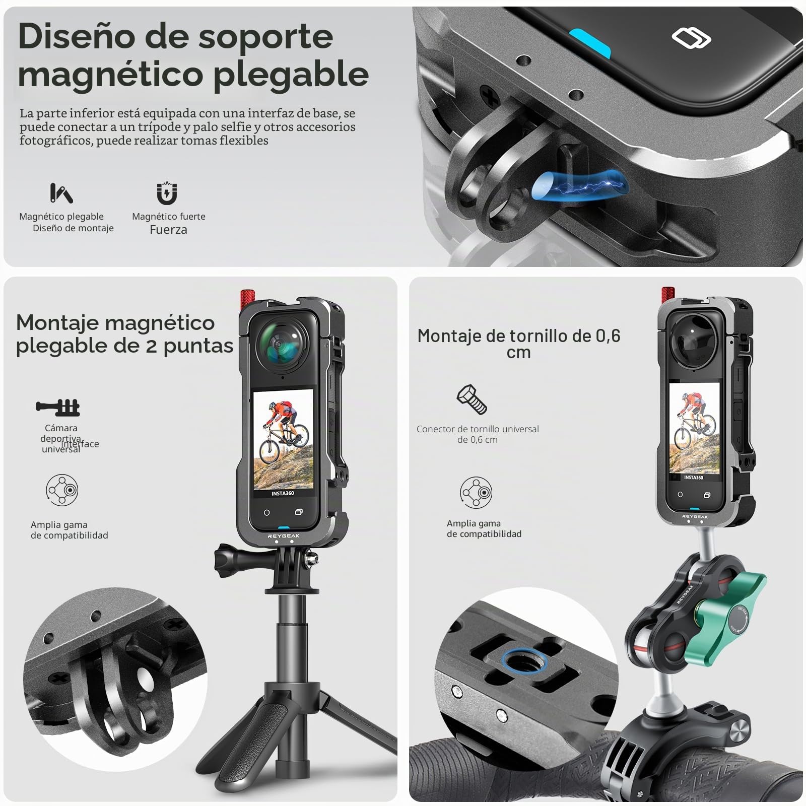 REYGEAK Funda para Insta360 X4, Marco de Aluminio para Insta360 X4, Jaula Protectora con Cubierta de Lente de Silicona, Interfaz de Zapata fría con roscas de 1/4 Pulgadas, Montaje de Zapata fría con