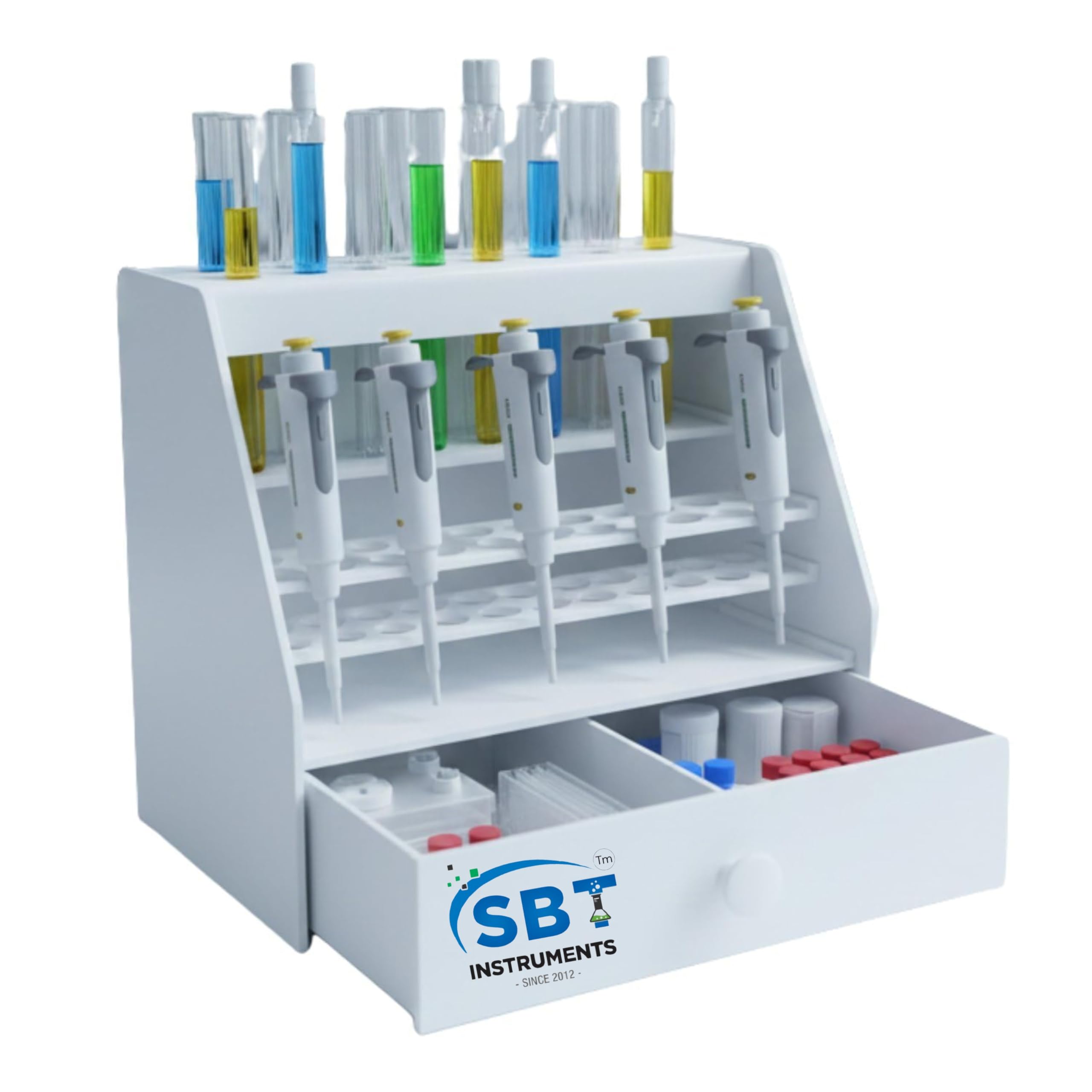 SBT Micropipette stand for 6 pipette with Drawer and Test Tube Rack for 22 test tubes in white colour pack of 1 pcs