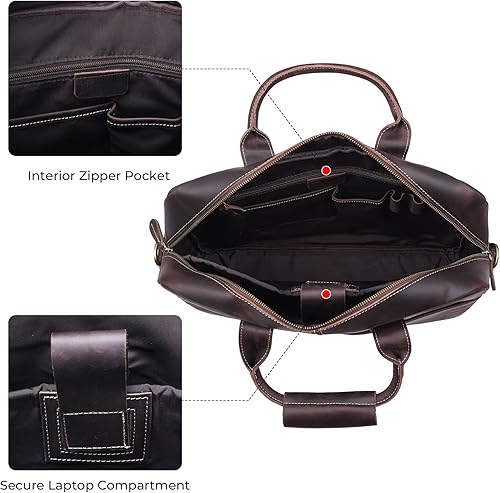 Miniatura 6 de Maletín de cuero genuino para hombre, maletín de cuero de grano completo de 16 pulgadas, bolsa de mensajero con cremalleras de metal YKK (versión
