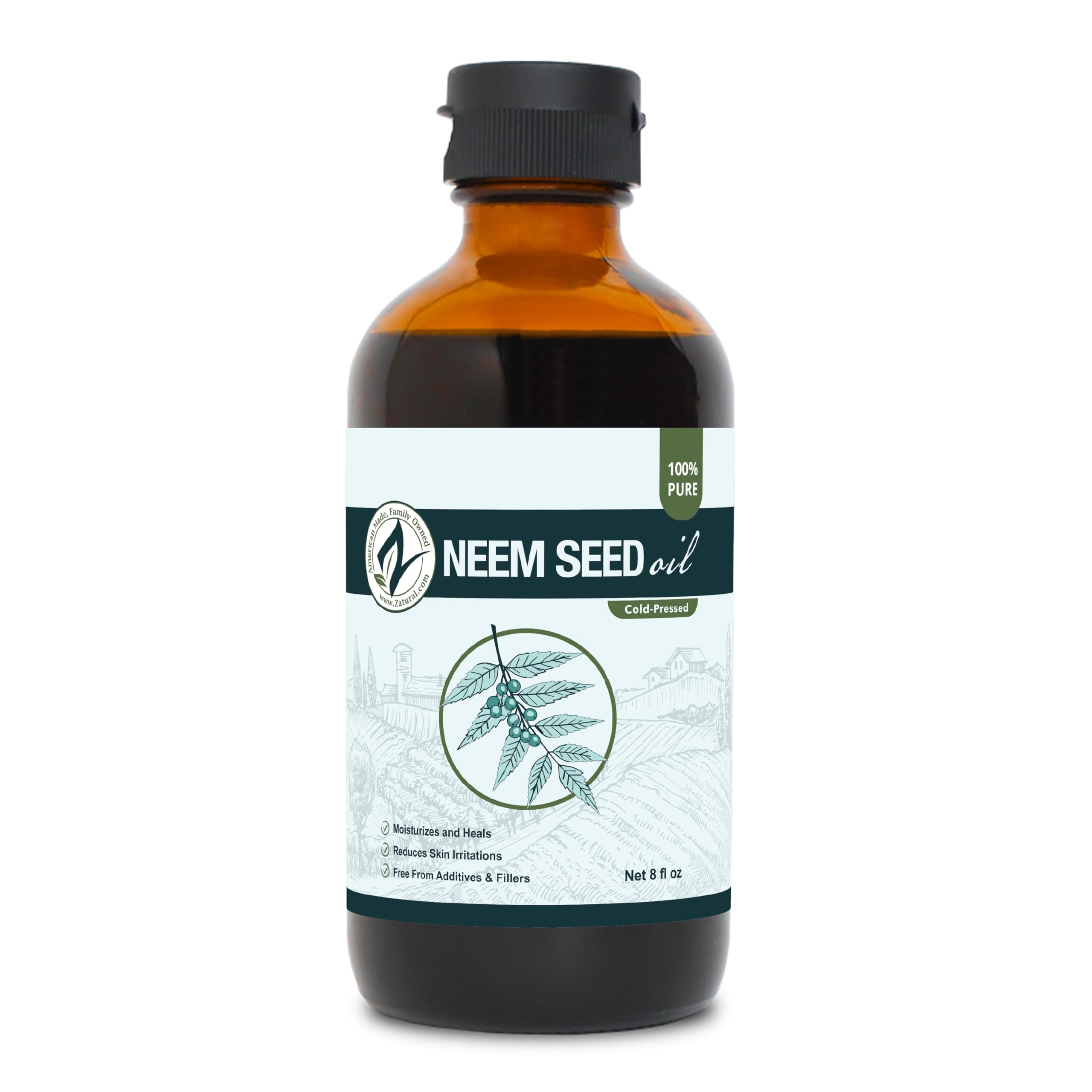 Zatural Organically Grown Neem Oil 100% Pure Cold Pressed Seed Oil Uses for Hair, Skin, and Nails, & Outdoor 8oz