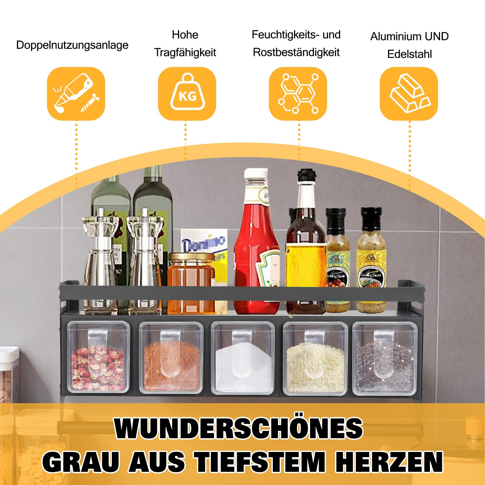 Estantería para especias con botes de especias, estantería de cocina de pared sin necesidad de taladrar, juego de combinación de organizador de cocina y estante de almacenamiento, estante para