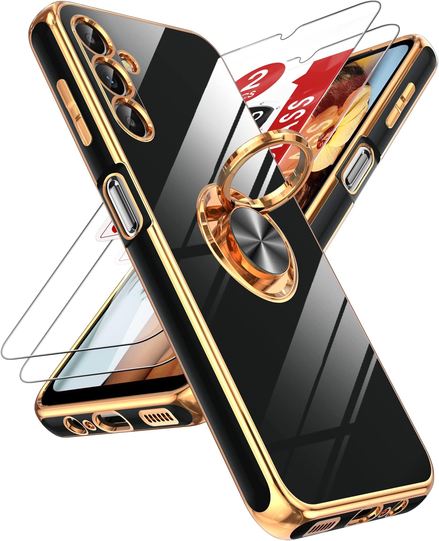for Samsung Galaxy A14-5G Phone Case: 2 Pack Tempered Glass Screen Protector and 360° Rotatable Ring Magnetic Kickstand, Plating Rose Gold Edge Cell Android Basic Funda para A 14 5G Cover, Black