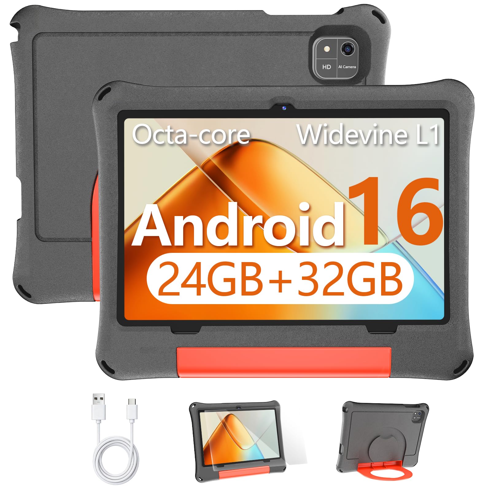 TUOHAITIME 10inch Kids Tablet, Android 16 Tablet, Octa-Core CPU, X11-Gray | 24GB+32GB/1TF…