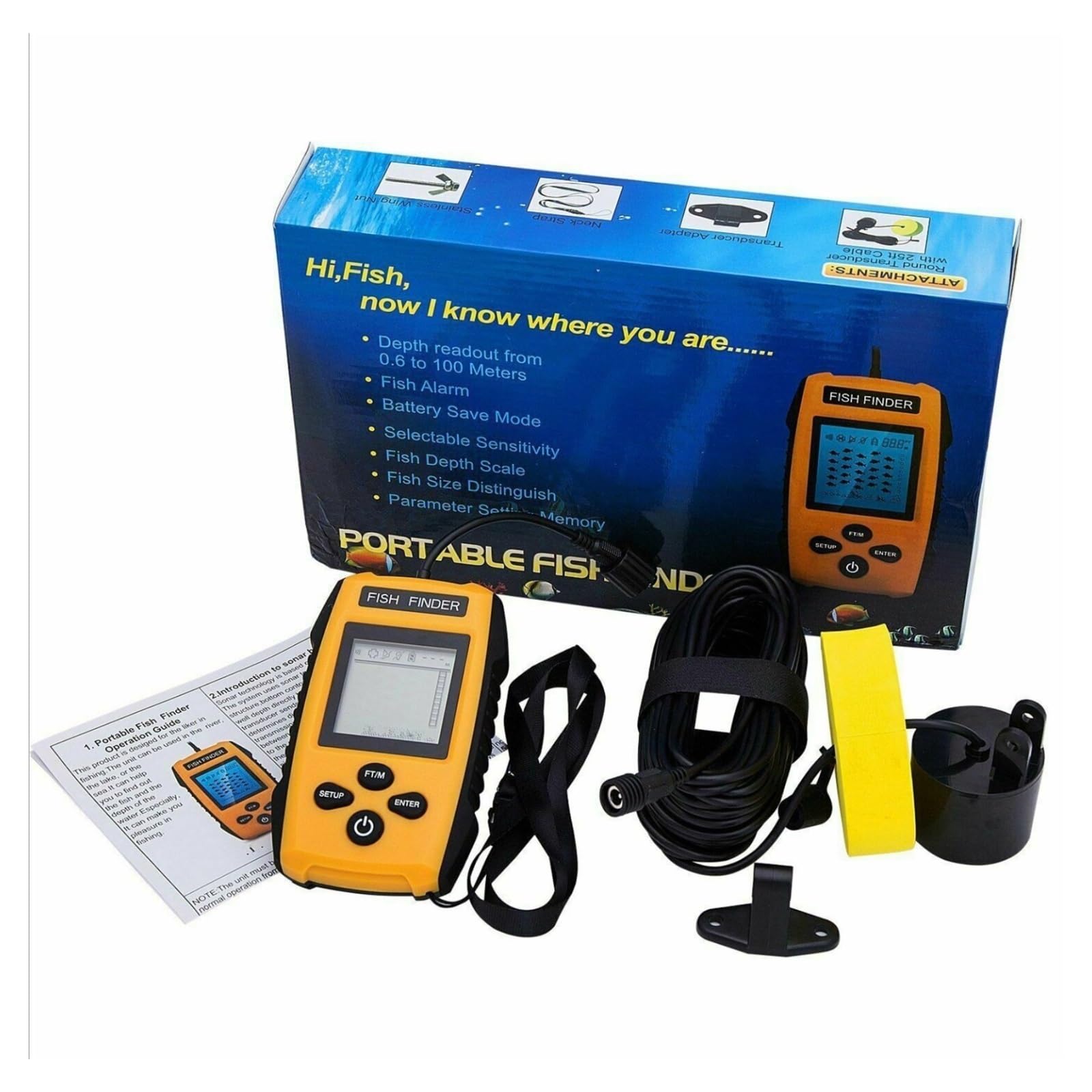 LNHHG Portable Sonar Fish Finder Underwater Water Depth & Detector with Cable, Visible & Muddy Compatible