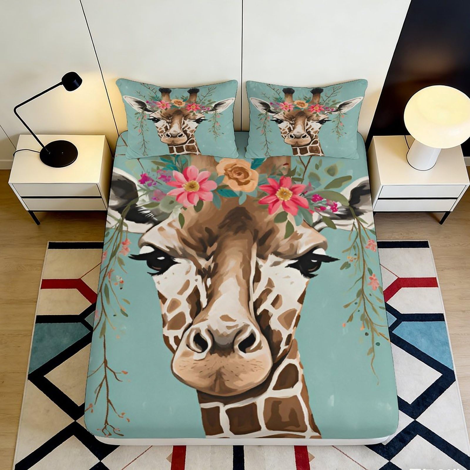 3D Printed Giraffe Floral Fitted Sheet Microfiber Anti-Slip Mattress Cover for Bedroom Dorm Easy Care Decor 120x200x25cm