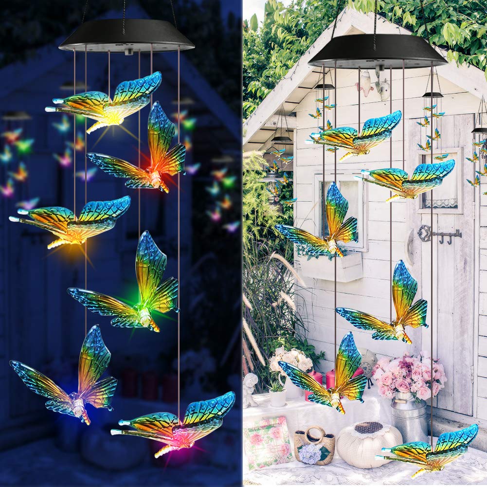 Qedertek Dekoracja wielkanocna, dzwonki wietrzne, motyl LED, słoneczna lampa ogrodowa, wisząca lampa do ogrodu, na drzewo, taras, podwórze, trawnik, podwórko, ścieżki
