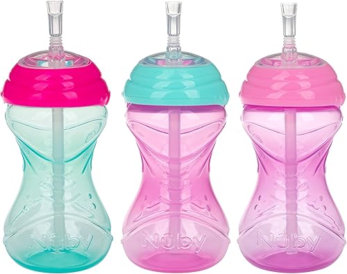Nuby Taza de 3 piezas antiderrames de fácil agarre con popote flexible, función Clik It Lock, niña, 10 onzas