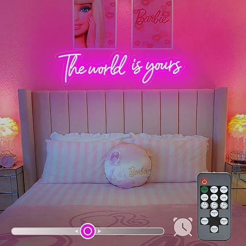 Letrero de neón grande de 28 pulgadas con texto en inglés "The World Is Yours" para dormitorio, control remoto regulable con regulación de