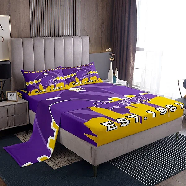 Erosebridal Boys Sports Bed Sheets Set King,Football Sheet Set for Kids Teens Adult,Orange Purple Rugby Sheets,American Football Flat Fitted Sheet with 2 Pillowcases(Minnesota)