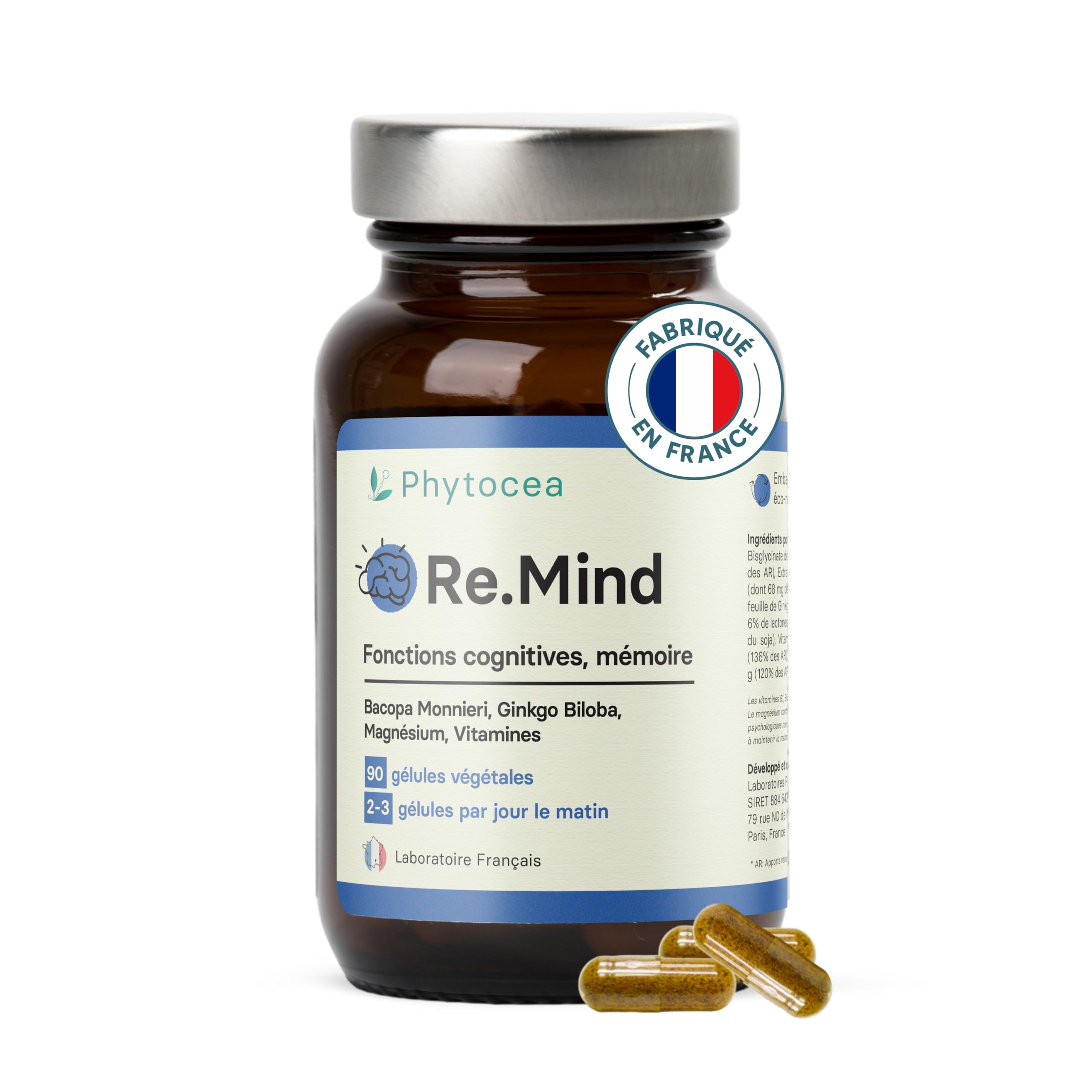 Bacopa Monnieri, Ginkgo Biloba Bio, Magnésium, Vitamine B12, B9, B1| Complément Alimentaire Anti Stress et Focus | Mémoire et Concentration | 90 Gélules Vegan Complement Fabriqué en France