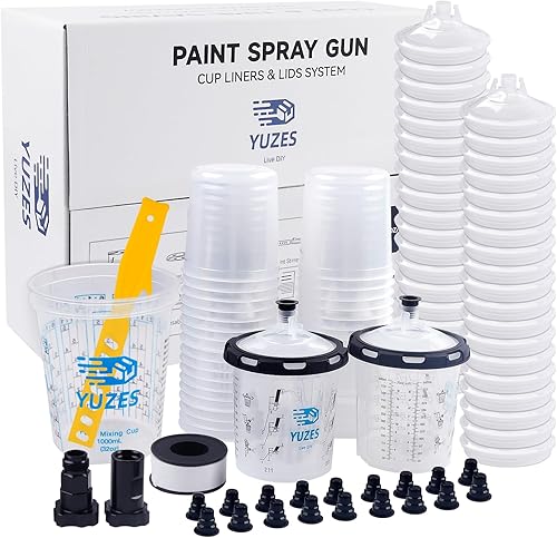 YUZES Tazas desechables para pistola de pintura de 20 onzas líquidas (600ML), 40 tapas y forros desechables para tazas de pintura, 2 tazas duras con
