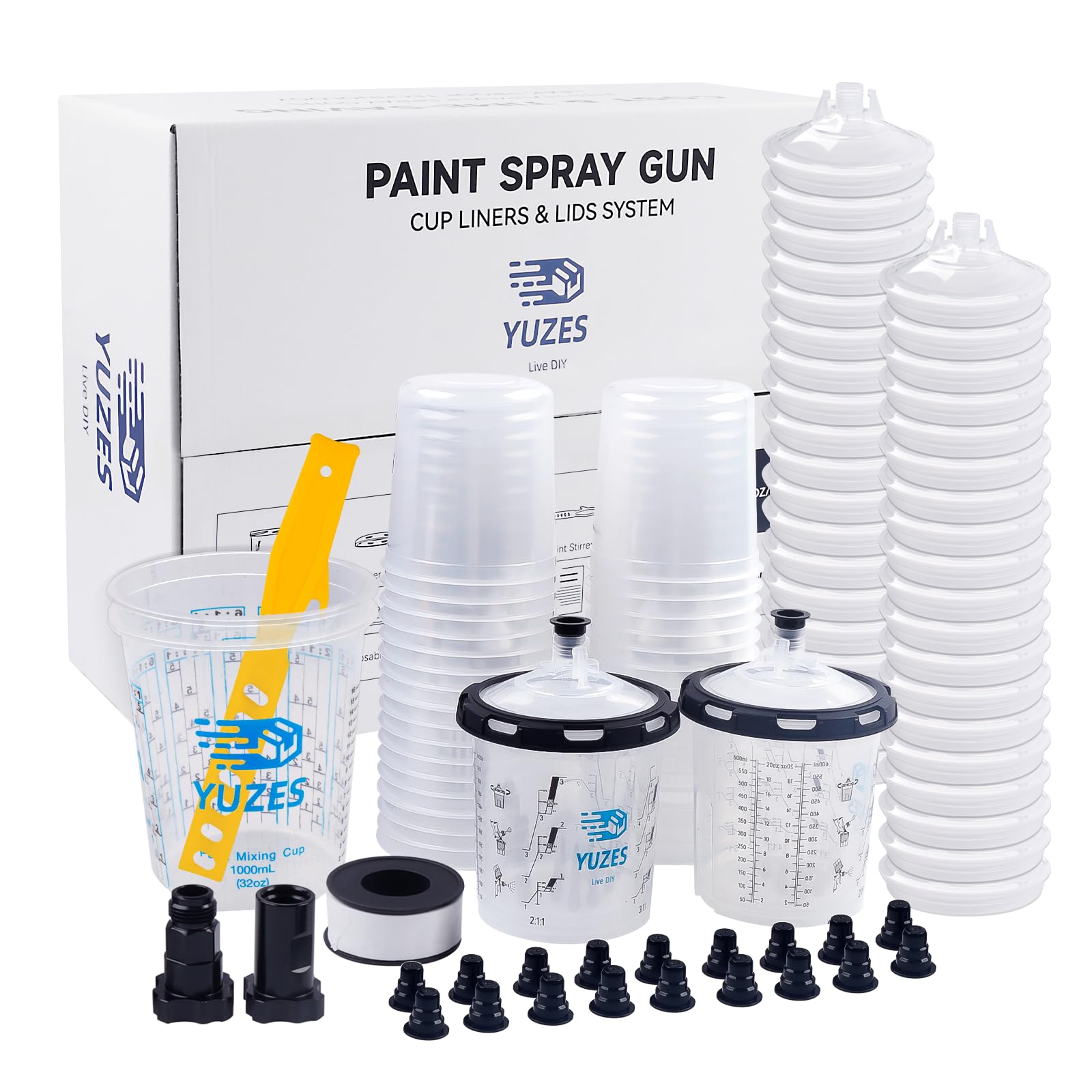 Photo 1 of YUZES Disposable Paint Gun Cups 20 Ounce(600ML), 40 Disposable Paint Cups Liners and Lid, 2 Hard Cup with Retainer Ring, 2 Paint Mixing Cups 32oz, 20 Plugs, PTFE Tape, Stirrer, 2 Spray Gun Adapter