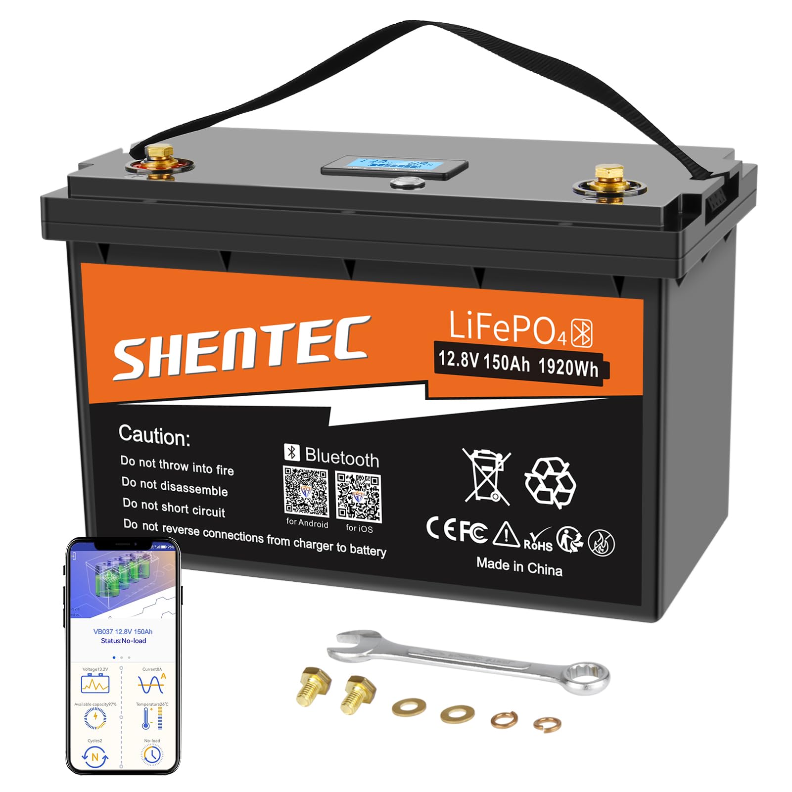 Batterie au lithium LiFePO4 150Ah 12V intégrée 150A,fonction BMS Bluetooth,Max.15000 cycles profonds et 1920W de puissance de sortie,durée de vie de 10 ans,parfait pour camping-car