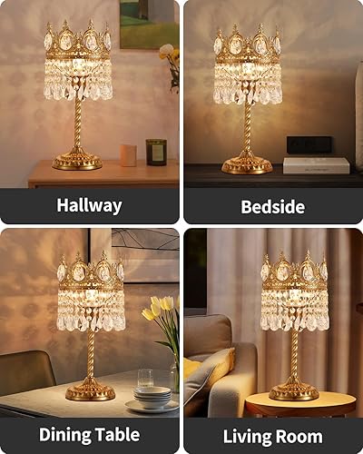 Miniatura 7 de Lámpara de mesita de noche para dormitorio, lámpara de escritorio de cristal en forma de corona, lámpara de mesa de noche dorada Plug & Play con