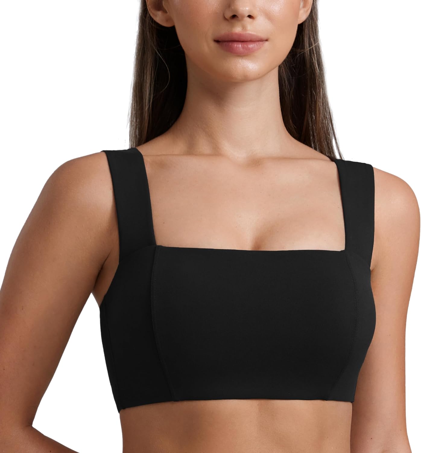 CRZ YOGA Butterluxe Wide Straps Sports Bras for Women - Square Neck Padded Open Back Camisole Yoga Crop Top