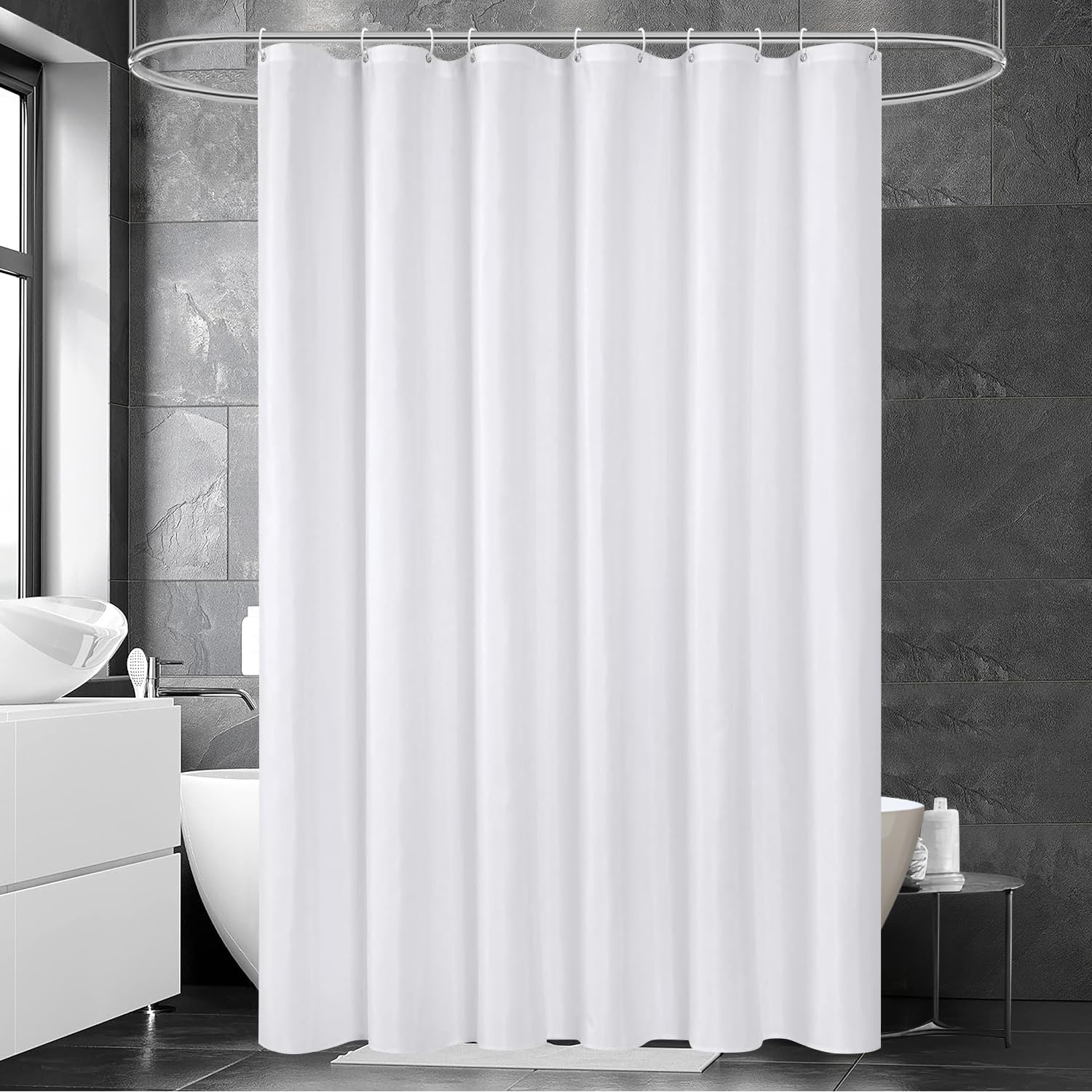 Rideau De Douche Blanc Imperméable 145x213cm - Tissu Polyester Lavable, Anti-moisissure, 12 Crochets Inclus