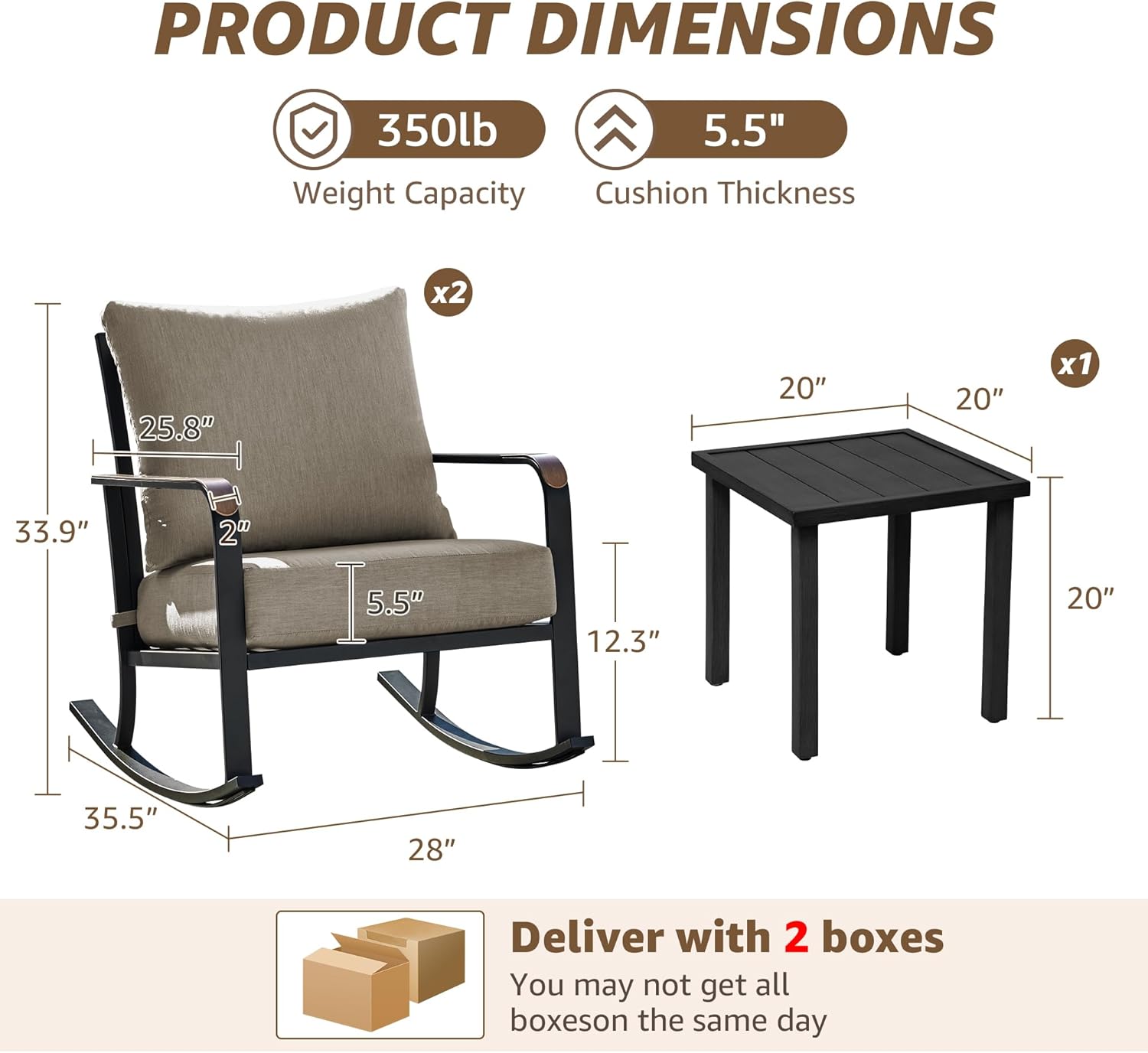 NATURAL EXPRESSIONS 3-Piece Patio Bistro Rocking Set,Outdoor Rocking Chairs with 350lb Capacity, Thick 5.5" Olefin Cushions and Metal Coffee Table for Balcony, Porch, Backyard