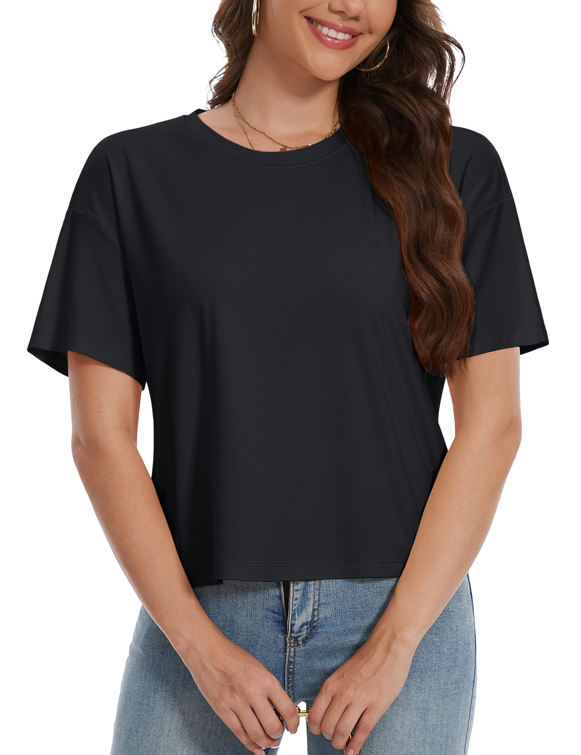 YUCOLEN Women's Crop Tops Summer Short Sleeve Cotton UPF 50+ Round Neck Casual Loose Cropped T-Shirts Solid Basic Tees