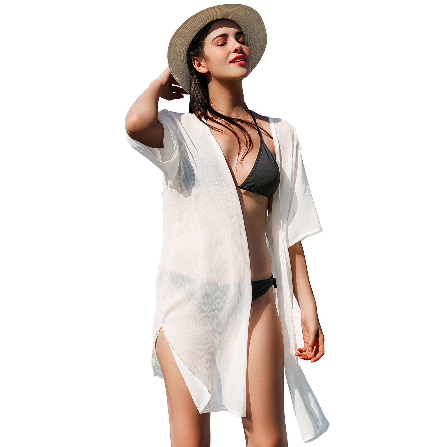 soul young Mujeres 3/4 Manga Solid Gasa Kimono, Elegante Playa Vestido Bikini Encubrimiento