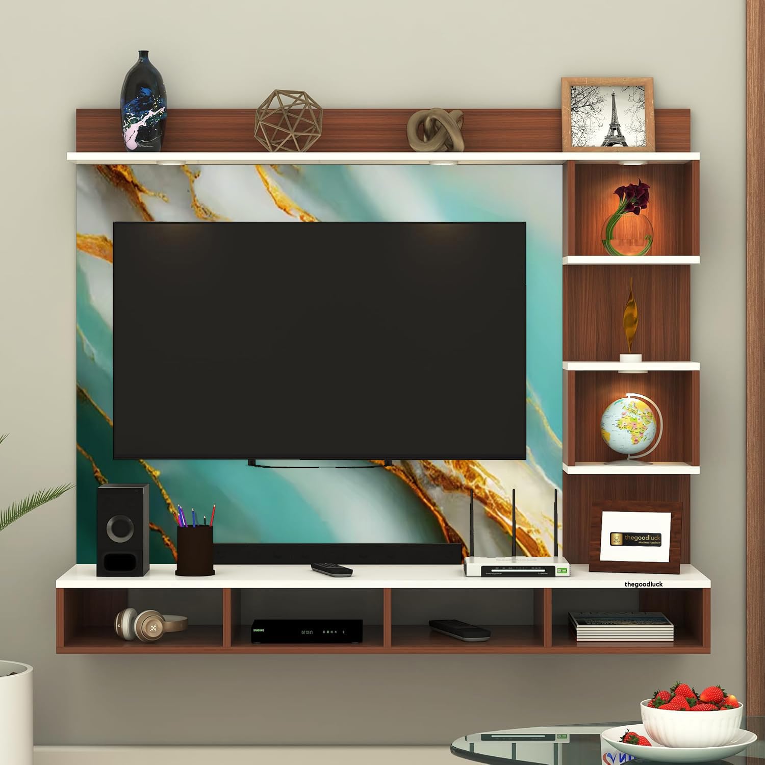 Engineered Wood Wall Mount TV Entertainment Light Pattern Unit Cabinet and Back Side UPVC Self Adhesive 3mm Sheet| TV Stand – DIY – Do it Yourself Fitting (Sea Green, 32-55 Inch)-image-28