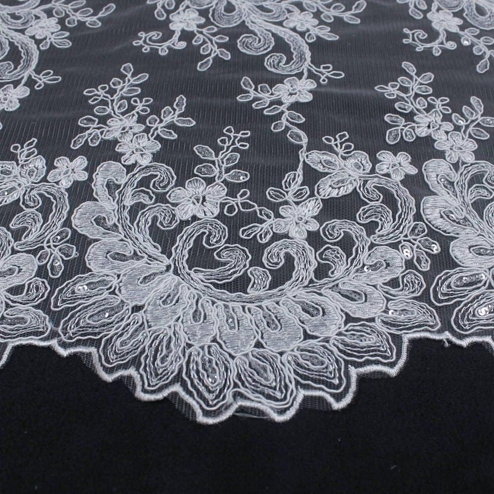 Melody White Polyester Floral Embroidery with Sequins on Mesh Lace Fabric by The Yard for Gown, Wedding, Bridesmaid, Prom - 10002