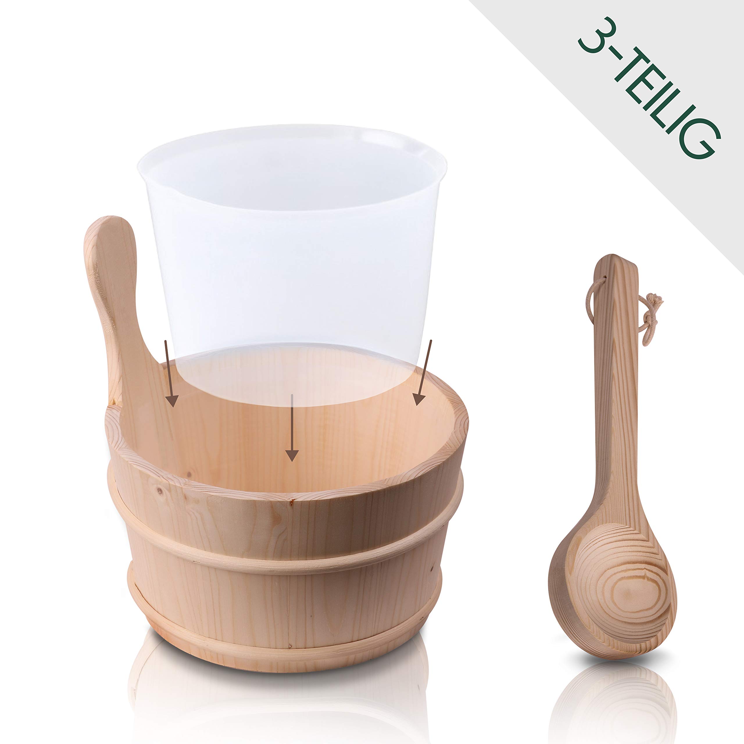 CozyNature Sauna Bucket con cucharón de madera de pino finlandés, incluyendo la tapa de plástico - 4 litros (cubo de sauna + cucharón + tapa de plástico)
