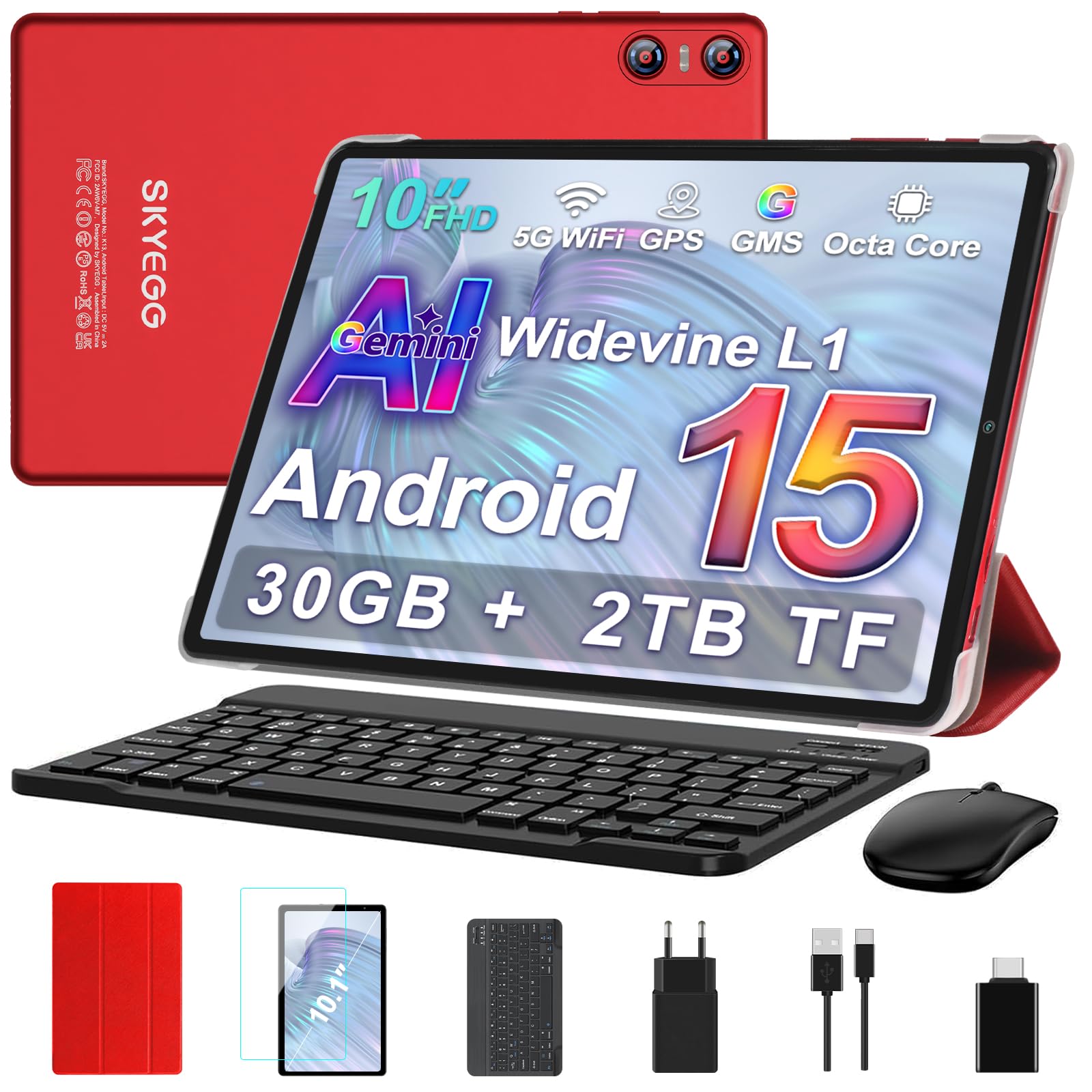 Tablet 10 Pollici Android 15 con Gemini AI, 30GB RAM + Espandibile 2TB ROM, WiFi 5G, BT5.0, Widevine L1, Octa-Core, Fotocamere 8MP/5MP, 6000mAh, con Tastiera, Mouse e Custodia – Rosso Scuro
