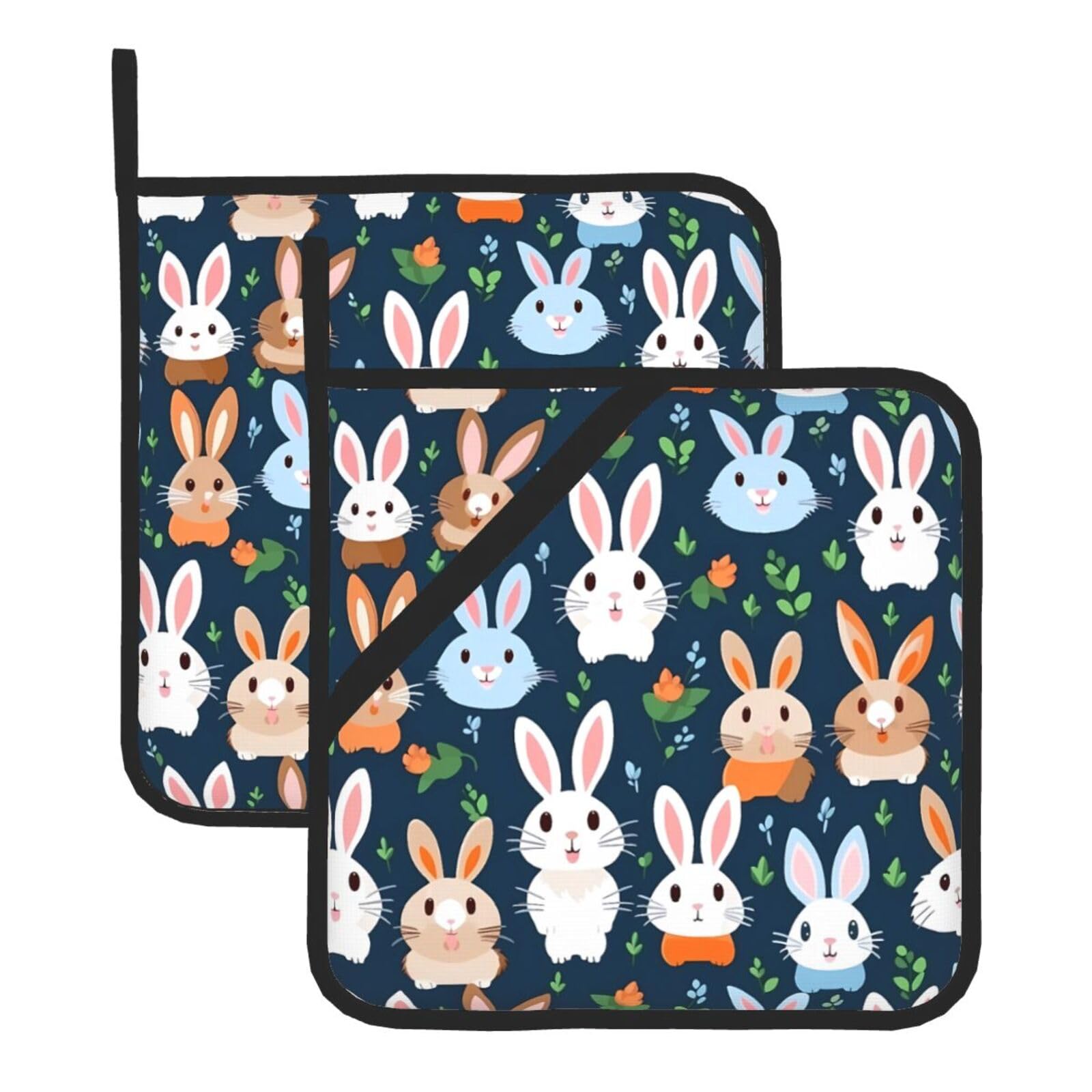 HJFCZH Cartoon Cute Animals Rabbit Printed Square Insulated Pot Mat Set (2-Piece) 8x8in Waterproof, Thickened & Easy to Clean with Lanyard Design for Kitchen, Oven & BBQ