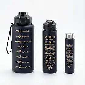 Garrafa de Água Motivacional 3 em 1 (2000ml, 900ml, 300ml), Squeeze com Canudo e Alça para Academia, Escritório e Esportes (CORES ALEATÓRIAS)