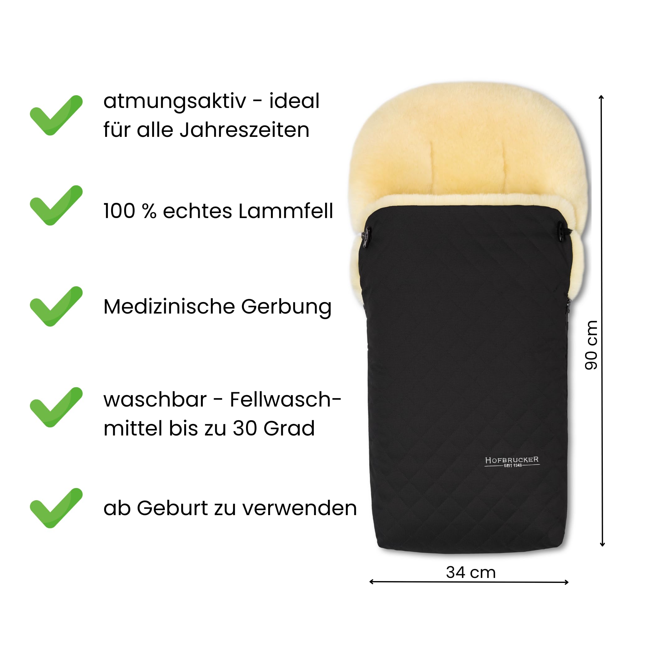 Hofbrucker Lammfell-Fußsack Putzi Limited, schwarz | Warmer Fußsack für Kinderwagen, Buggy, Tragetasche, Stepp-Design, Made in Germany