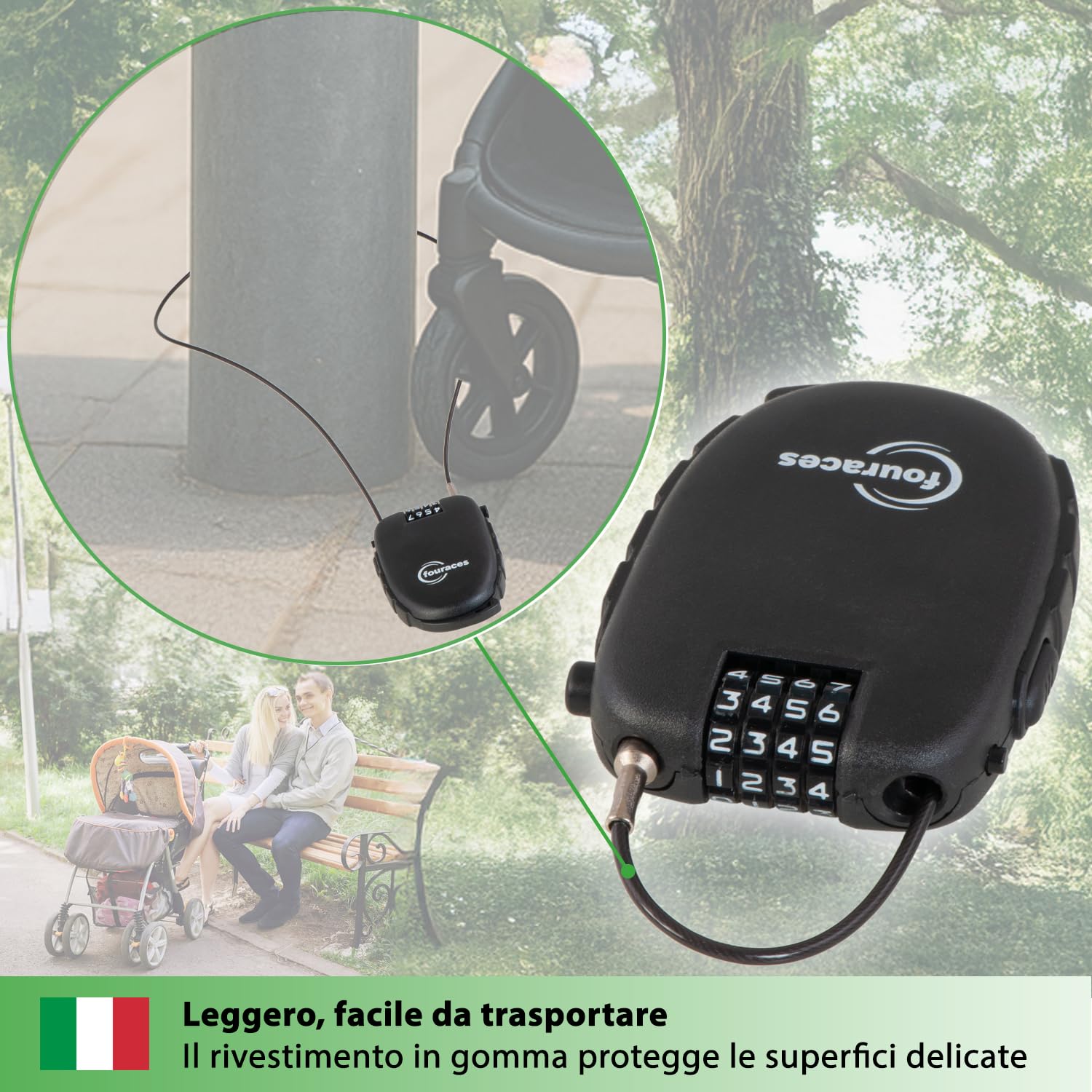 fouraces lucchetto con cavo retrattile 70 cm, lucchetti a combinazione a 4 cifre, antifurto per bicicletta, scooter, biciclette, sci, casco, moto