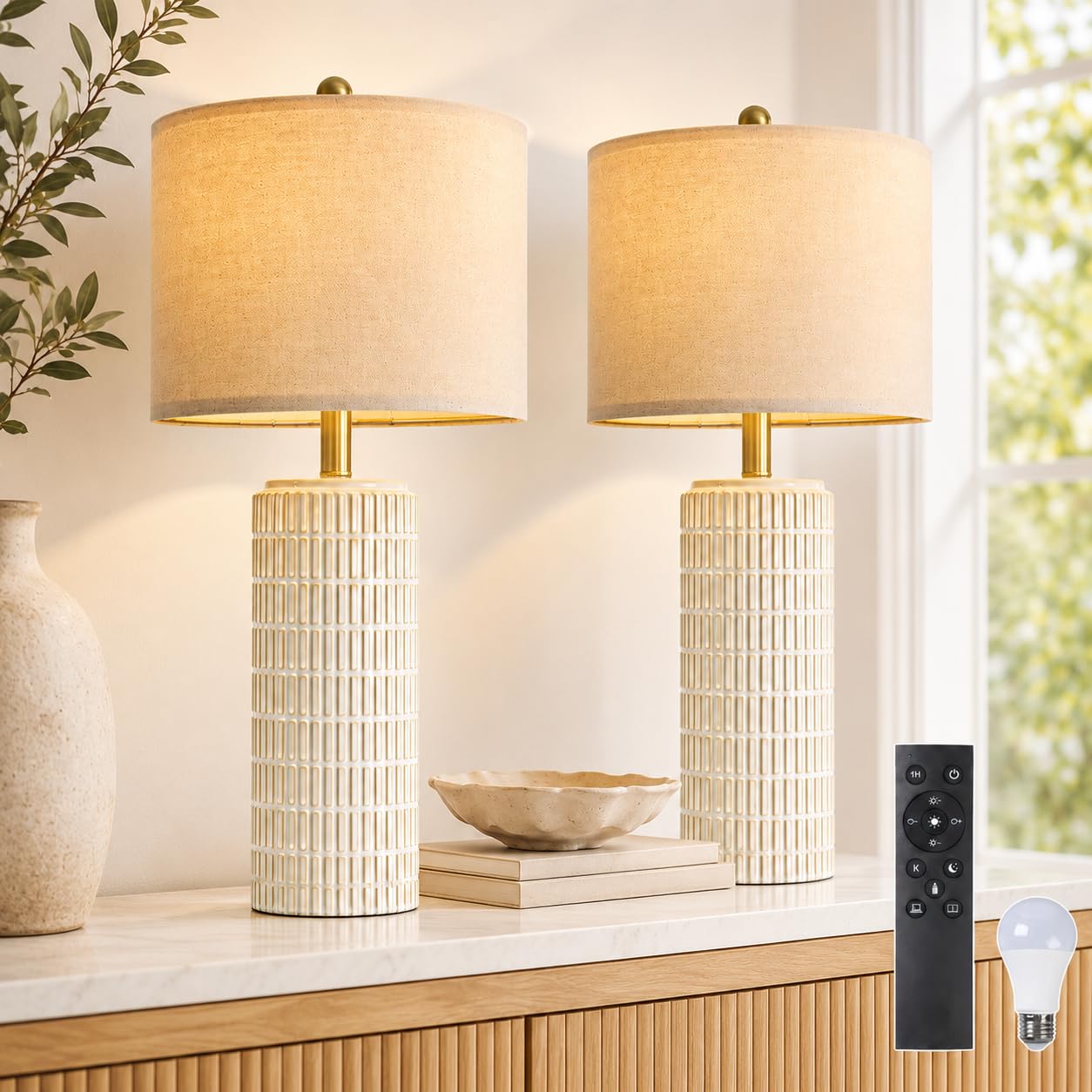 2er Set Tischlampen mit Keramikfuß Leinenschirm, H57cm LED Nachttischlampe mit Timer Speicher Dimmbar 3 Farbtemperaturen, Tischleuchte für Schlafzimmer Wohnzimmer Büro Lese(Inkl. E27-Birnen)