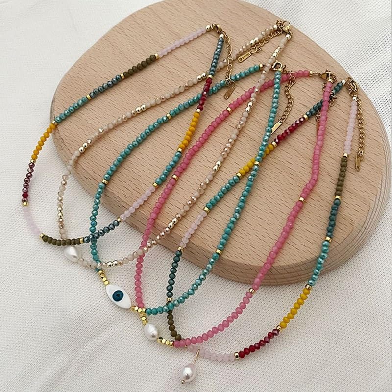 Colorful Beaded Necklaces for Women Crystal Bead Necklace Beach Necklaces Boho Necklaces for Women Pearl Beaded Choker Necklace Stainless Steel 18K Gold Plated Choker - Image 8