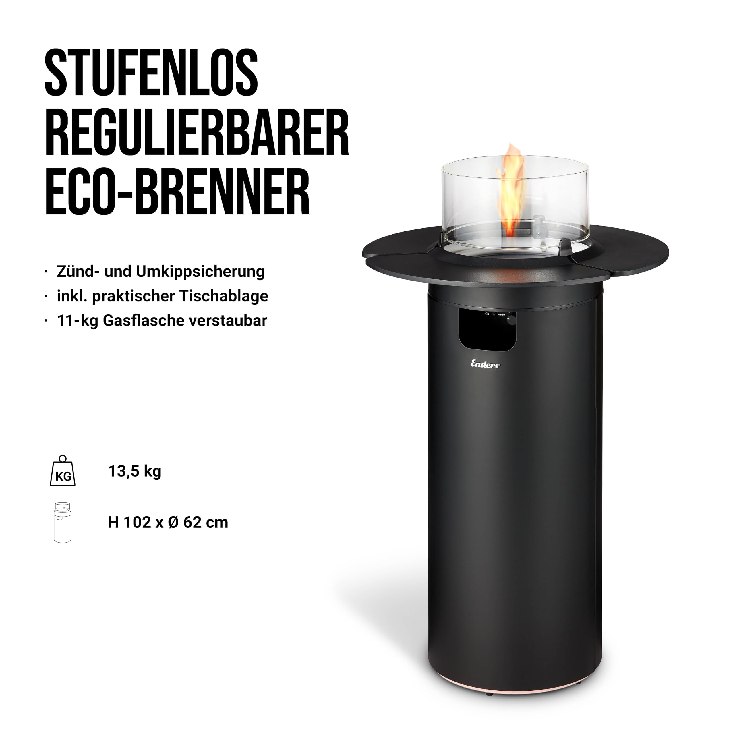 Enders Terrassenfeuer NOVA LED TABLE BLACK L, Gas Terrassenfeuer mit Ambientebeleuchtungen, ECO GREEN Brenner-Technologie und exzellentem Design, H102cm Ø 62cm, Tischablage, Schwarz #5901