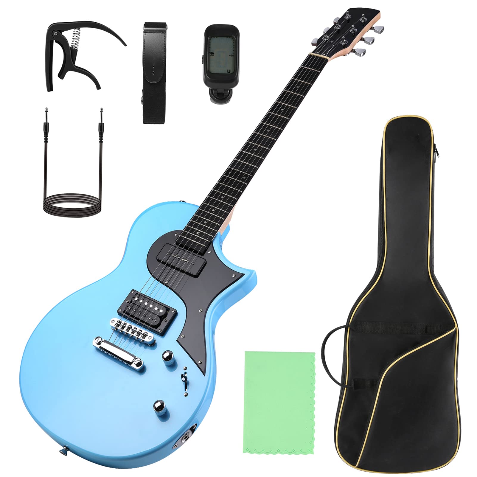Electric Guitar Beginner Guitar 40.2 Inch Solid Poplar Body Maple Neck Laurel Fingerboard HH Pickups Les Paul Style with Gig Bag Tuner Capo (Color Options) (Blue)