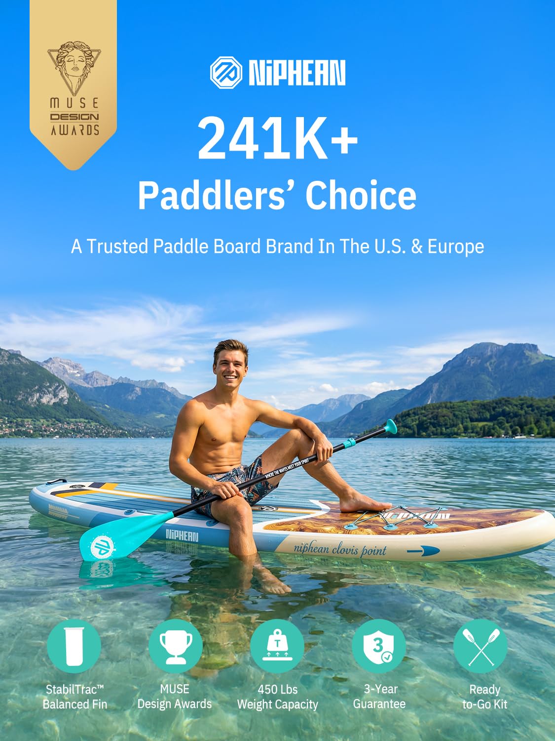 Niphean Aufblasbares Stand-Up-Paddle-Board mit ausgewogenem Flügel-Design und SUP-Zubehör, rutschfestes EVA-Deck, 3 m aufblasbares Paddelbrett für Erwachsene und Jugendliche aller Schwierigkeitsstufen
