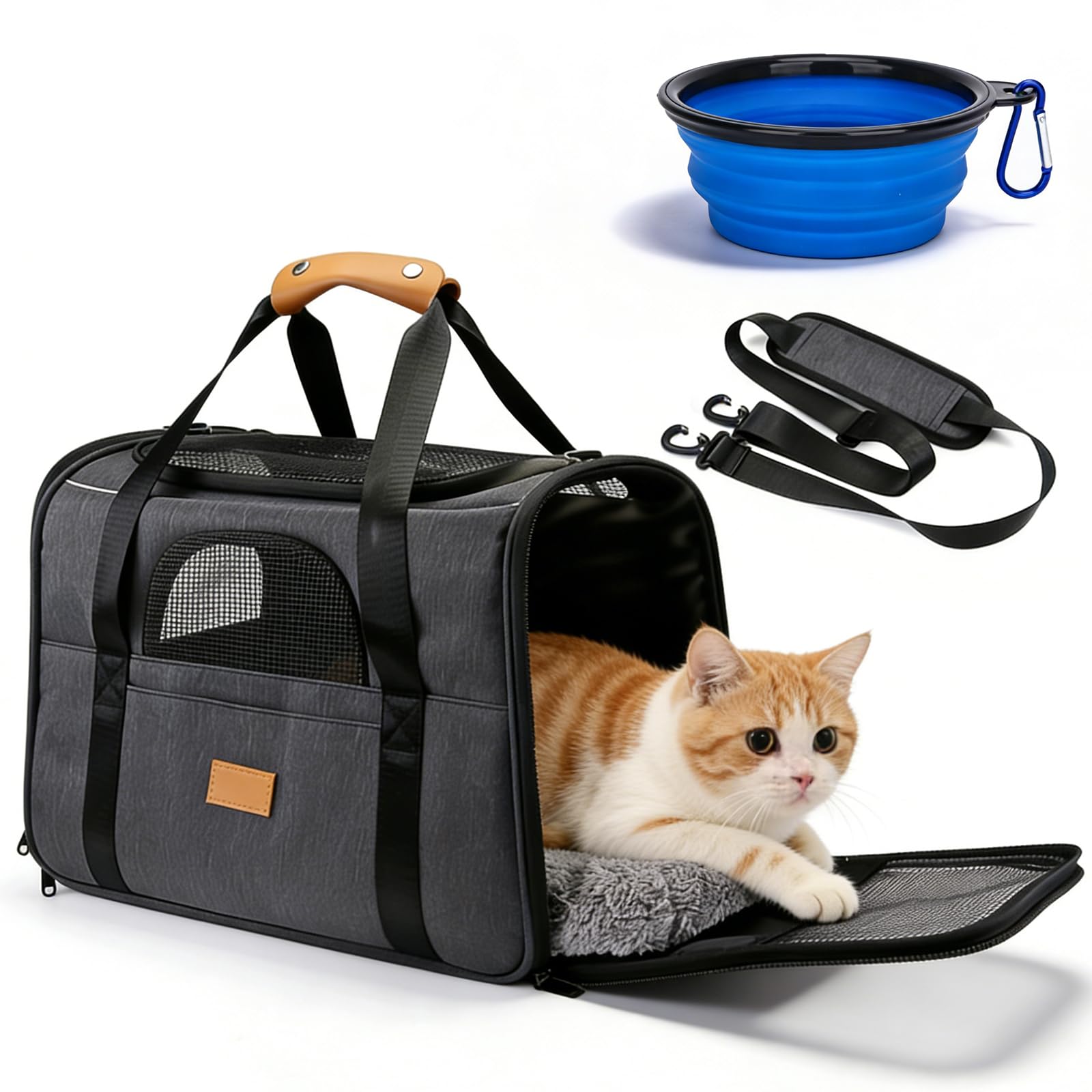 Torba transportowa dla kotów, psów, skrzynia transportowa dla kotów do 6,8 kg, 45 x 35 x 32 cm, torba do noszenia psa z 4-stronną siatką i miską na wodę i paskiem na ramię, odpowiednia dla małych