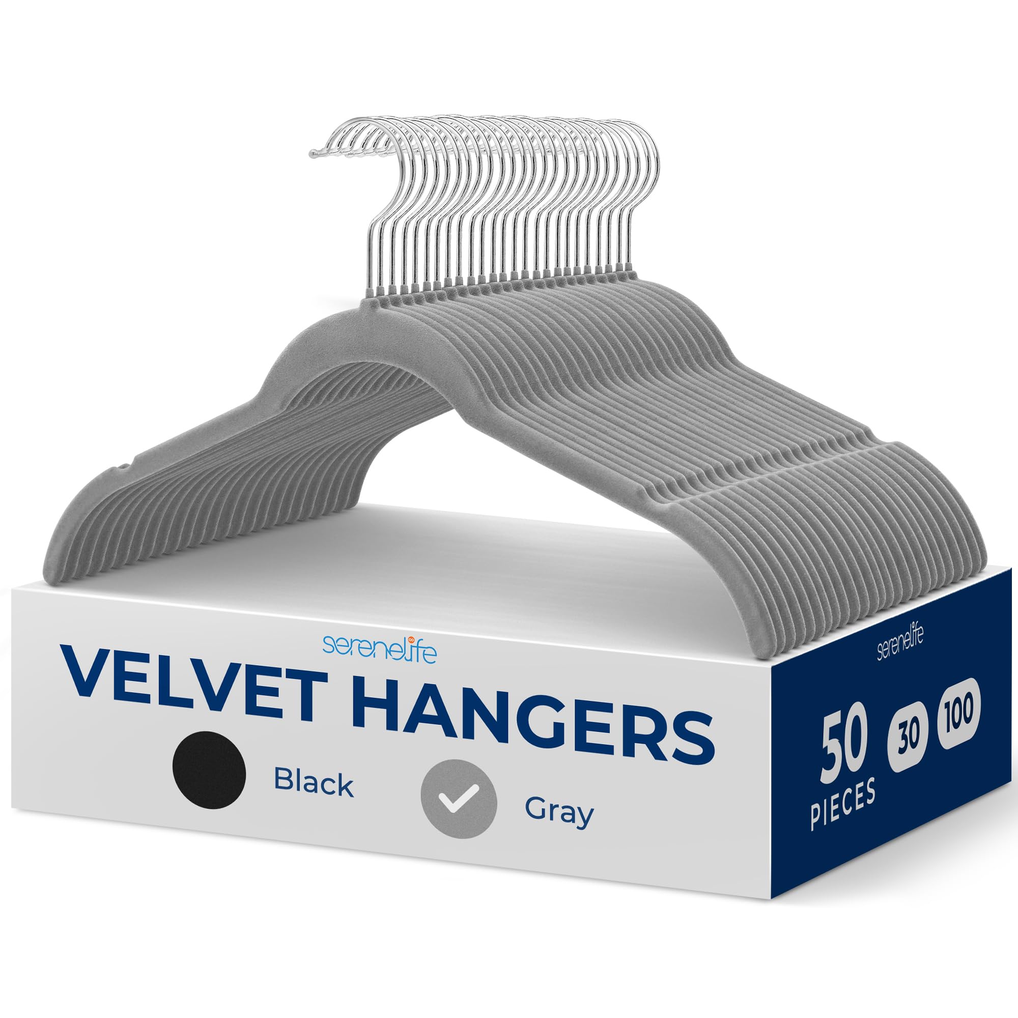 SereneLife Coat Hangers, Velvet Hangers for Clothes, 50 Pcs Non Slip Slim Space Saving Adult Hanger with 360° Swivel Hooks, For Tops, Jackets, Blouses, & Strappy Dresses - Grey