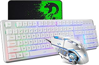 Mechanical Feeling Gaming Keyboard and Mouse Mousepad Combo,104 Keys Rainbow Backlit Gamer Keyboard and Mice Set,10 Color RGB Large Mice pad 2400DPI 7 Button La Souris for PC Laptop Mac (White)