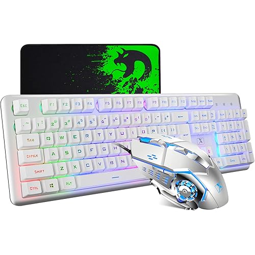 Mechanical Feeling Gaming Keyboard and Mouse Mousepad Combo,104 Keys Rainbow Backlit Gamer Keyboard and Mice Set,Large Mice pad 2400DPI 7 Button La Souris for PC Laptop Mac
