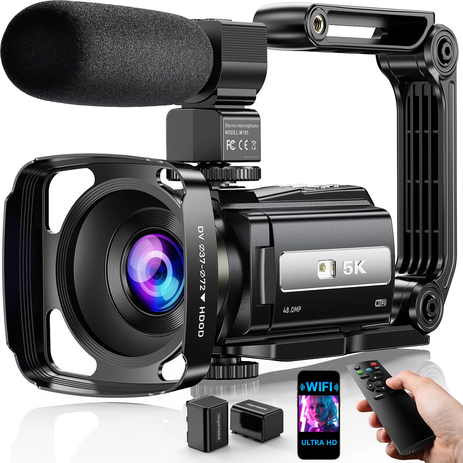 Video Camera, 5K Camcorder UHD 48MP WiFi Vlogging Camera for YouTube IR Night Vision Anti-Shake 16X Digital Zoom 3” Touch Screen Camera with Microphone,Handheld Stabilizer,Lens Hood,Remote,2 Batteries