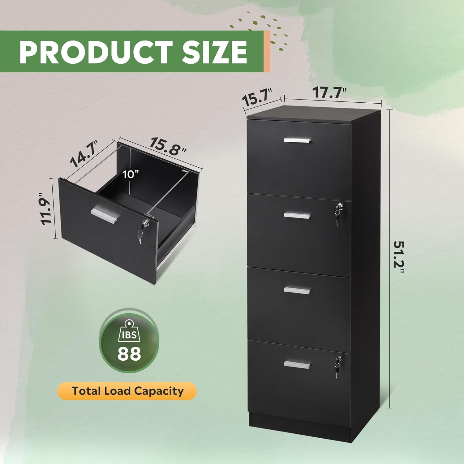 Diagram showing the dimensions of the DEVAISE 4-Drawer File Cabinet and its drawers, including total load capacity of 88 lbs.