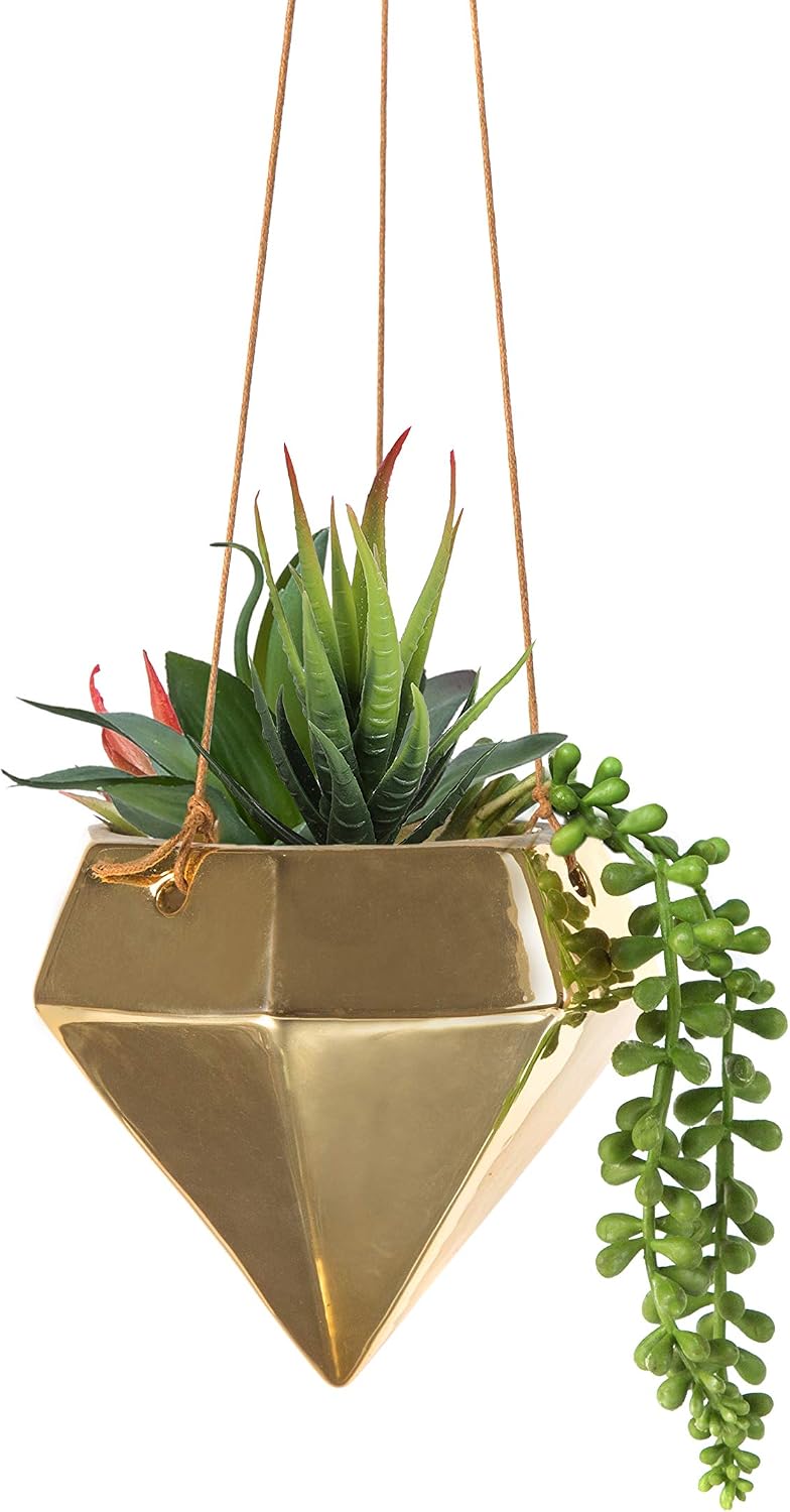 Nattol Modern Metallic Gold-Tone Hanging Planters, Ceramic Hanging Plant Pot for Indoor Plants, Diamond Shape Planter for Wall Décor