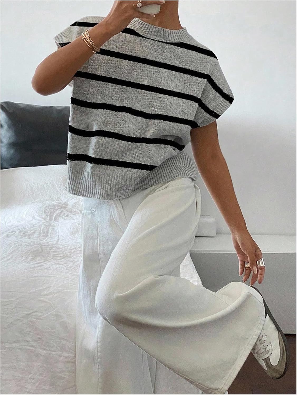 SOLY HUX Women's Short Sleeve Sweater 3D Floral Sweaters Pullover Tank Tops Knit Vest Trendy Fashion Clothing Grey Striped Large - Image 5