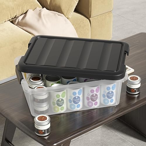 Miniatura 5 de Cubo de almacenamiento apilable de plástico de 14 cuartos de galón, caja de almacenamiento básica transparente con tapa negra (paquete de 2)