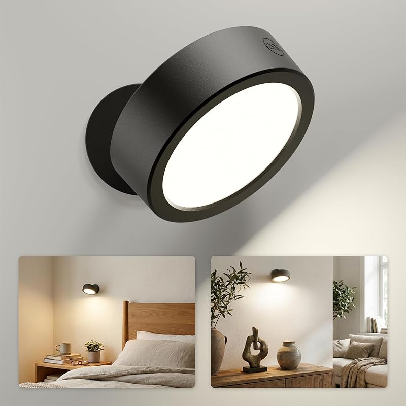 LED Wall Mounted Lights, 3000mAh Rechargeable Wall Light Wall Sconces Lamp, 3 Color Temps & Remote and Touch Control, 360°Rotation Dimmable Cordless for Bedroom Reading Study Bedside (Black)