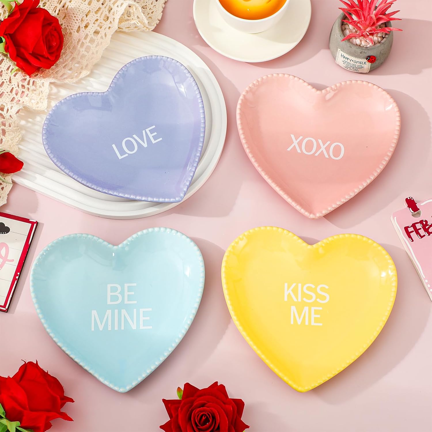 FYSUIMU 4Pcs Valentine's Day Heart Plates Ceramic Plate Pastel Conversation Heart Dinner Plate for Valentine Party Wedding Anniversary Table Decor