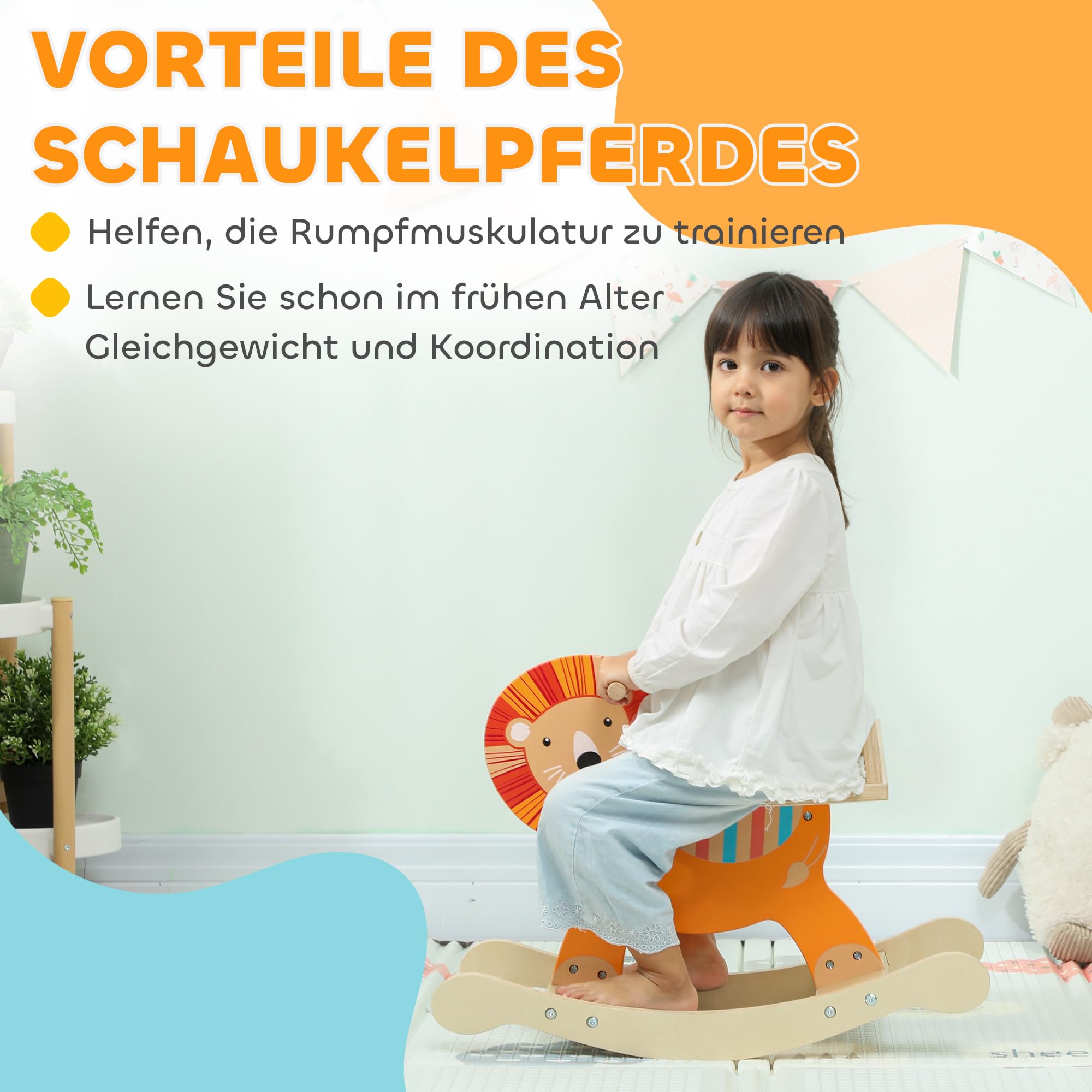 AIYAPLAY Schaukelpferd Holz, Kinder Schaukeltier mit Haltegriffen Schaukeltier Löwen für Kinder von 2-5 Jahren Orange
