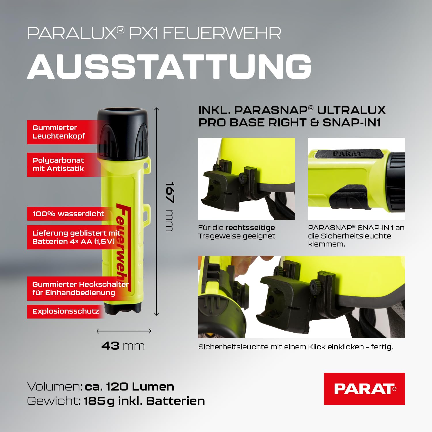 PARAT PARALUX® PX1 FEUERWEHR Set für Schuberth F120 Pro/F130 Rechts | LED Arbeitsleuchte mit 120 Lumen | EX-geschützte LED Taschenlampe | Wasserdichte Helmlampe | inkl. Batterien, Adapter & Halterung