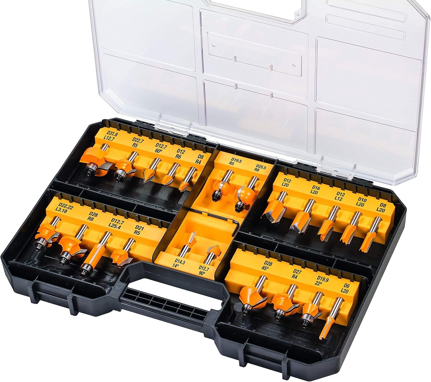 DEWALT DCW604NT-XJ Fresatrice Combinata spazzole XR 18V Senza Caricatore, 18 V, Multicolore & DT90017-QZ Set Da 22 Frese Per Legno